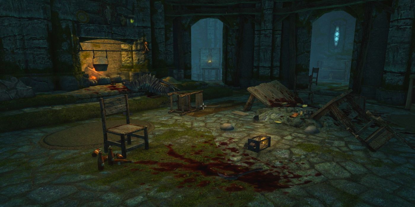 A Skyrim screenshot showing the interior of Frostflow Lighthouse, where the floor is covered in blood, and a table is broken in half with its contents strewn across the floor.