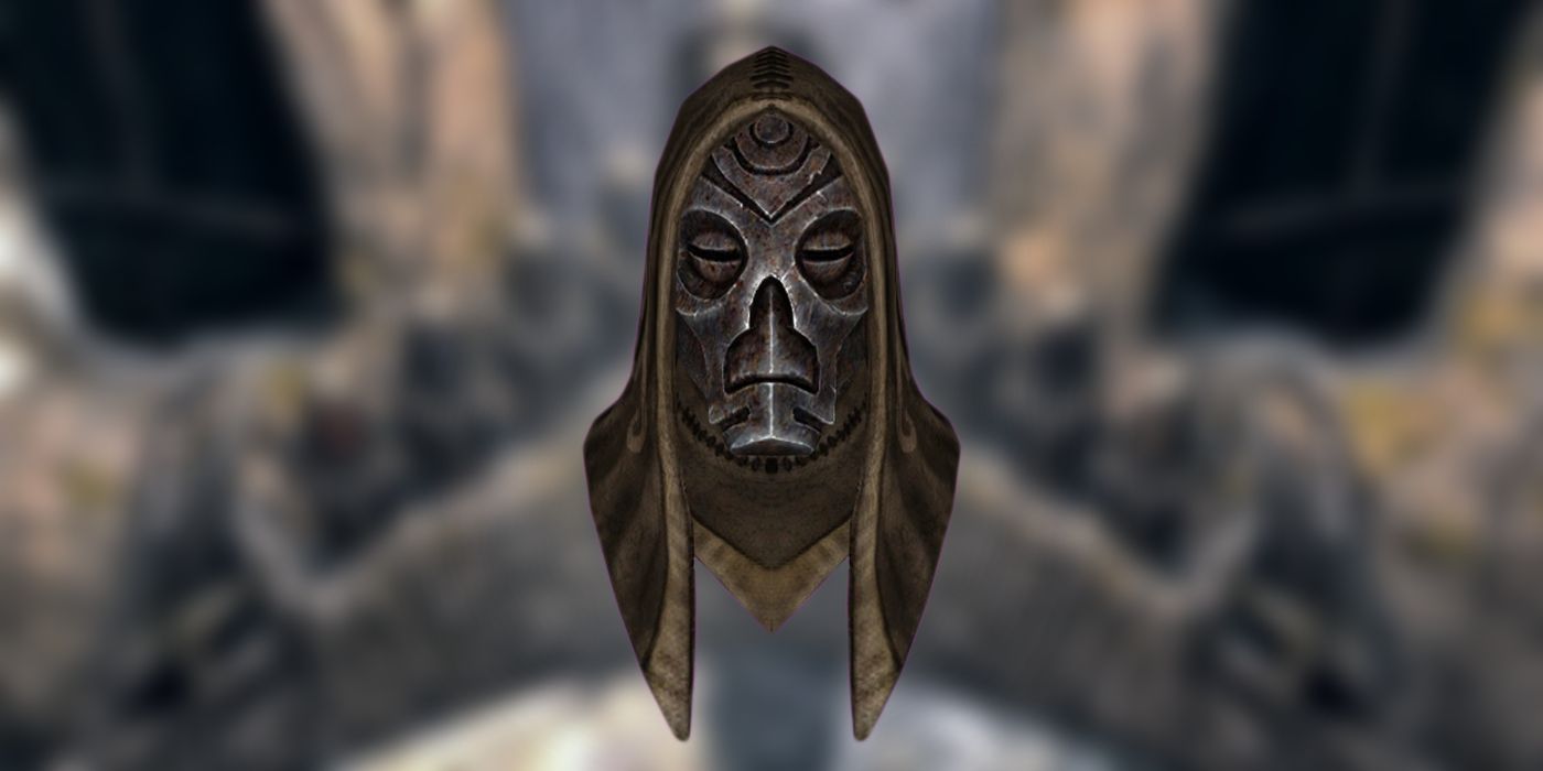 Skyrim's Hevnoorak Dragon Priest mask against a blurred image of all dragon priest masks.