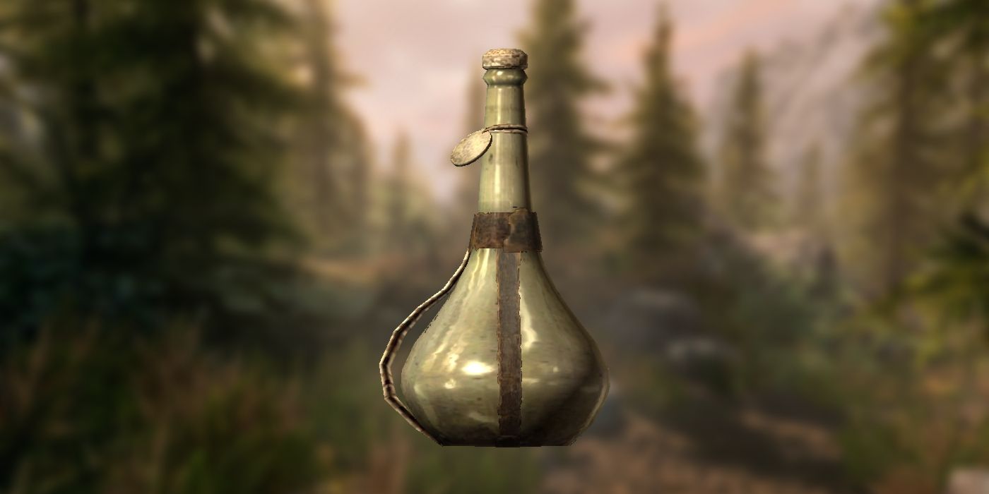 An invisibility potion from Skyrim against a forest background.