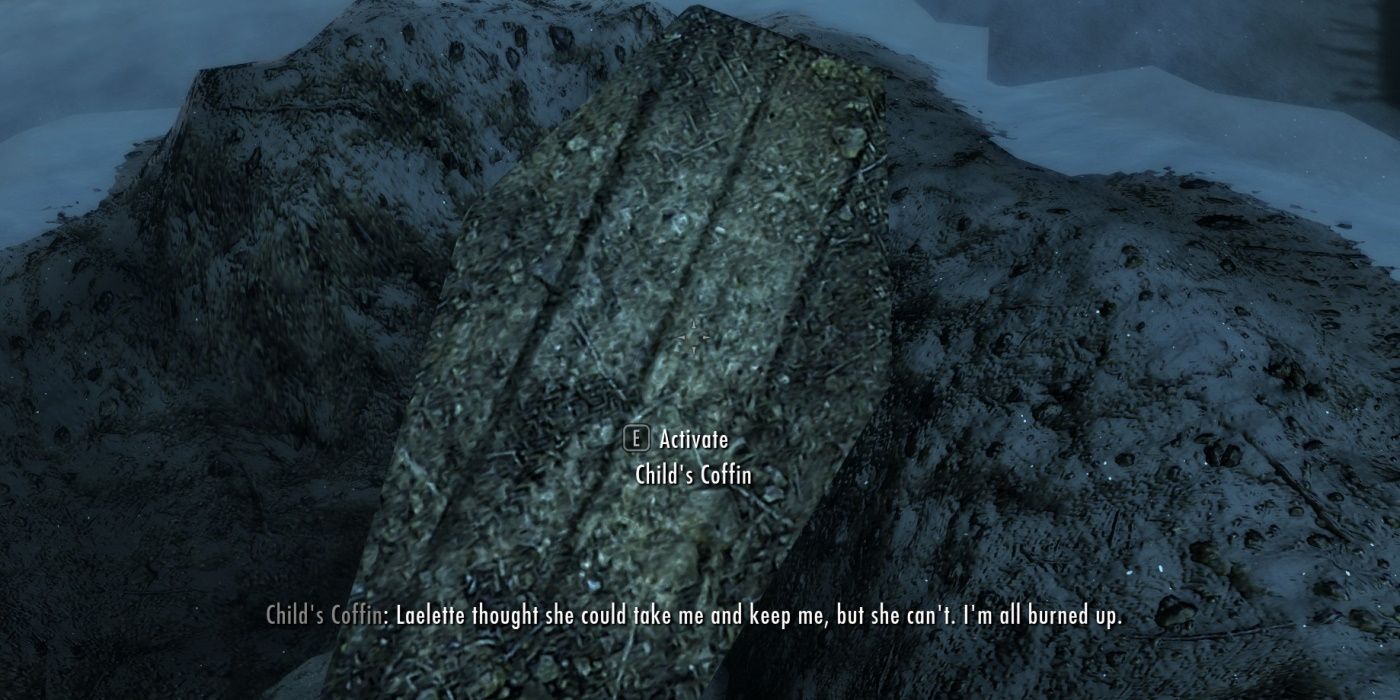 A Skyrim screenshot where the player is looking at a Child's Coffin.