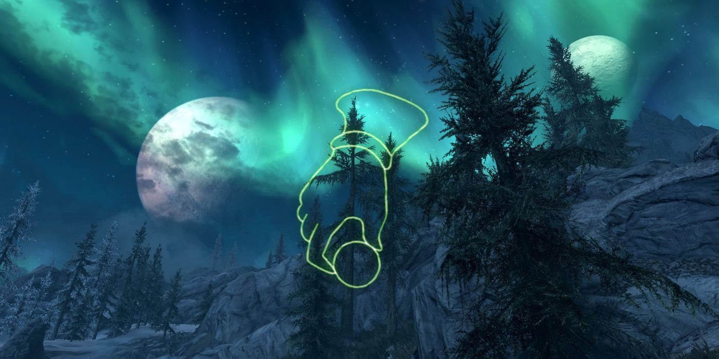 The Pickpocket skill icon from Skyrim placed in front of a view of the game's night sky, showing two moons and an aurora borealis.