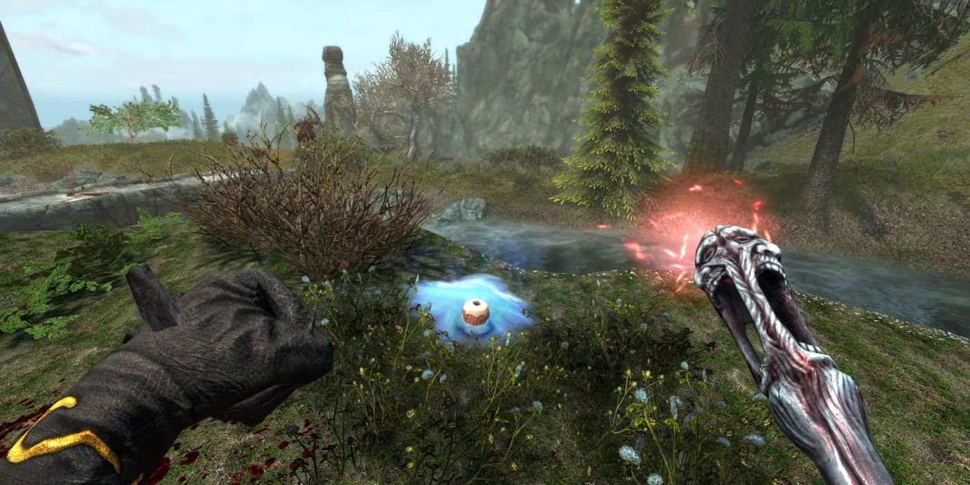 A player holding a Wabbajack as their victim lies before them, in the form of a sweetroll.