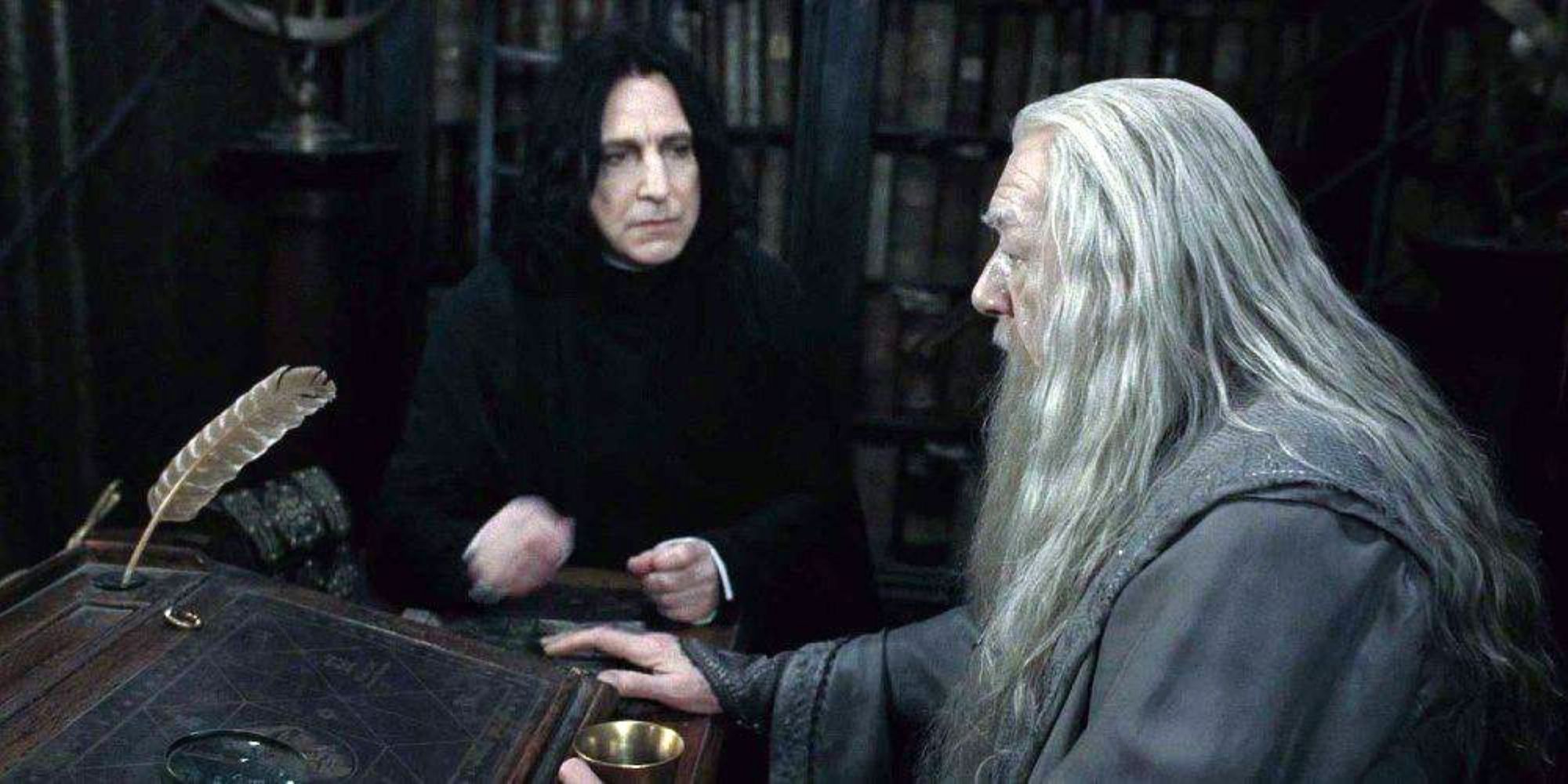 Snape and Dumbledore in the headmaster's office in the Harry Potter franchise