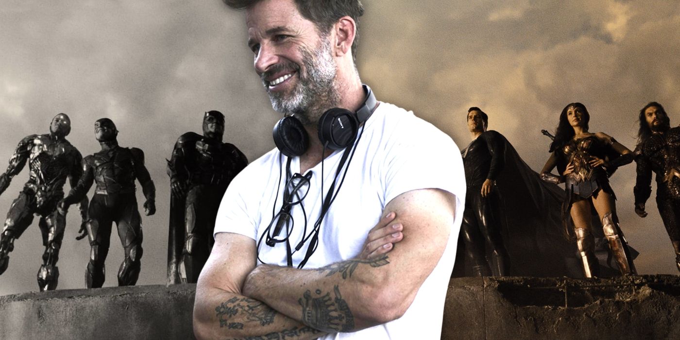 Zack Snyder centering a shot of Cyborg, Flash, and Batman from the Gray Cut of Zack Snyder's Justice Leauge, with a shot of Superman, Wonder-Woman, and Aquaman in color to his right. 