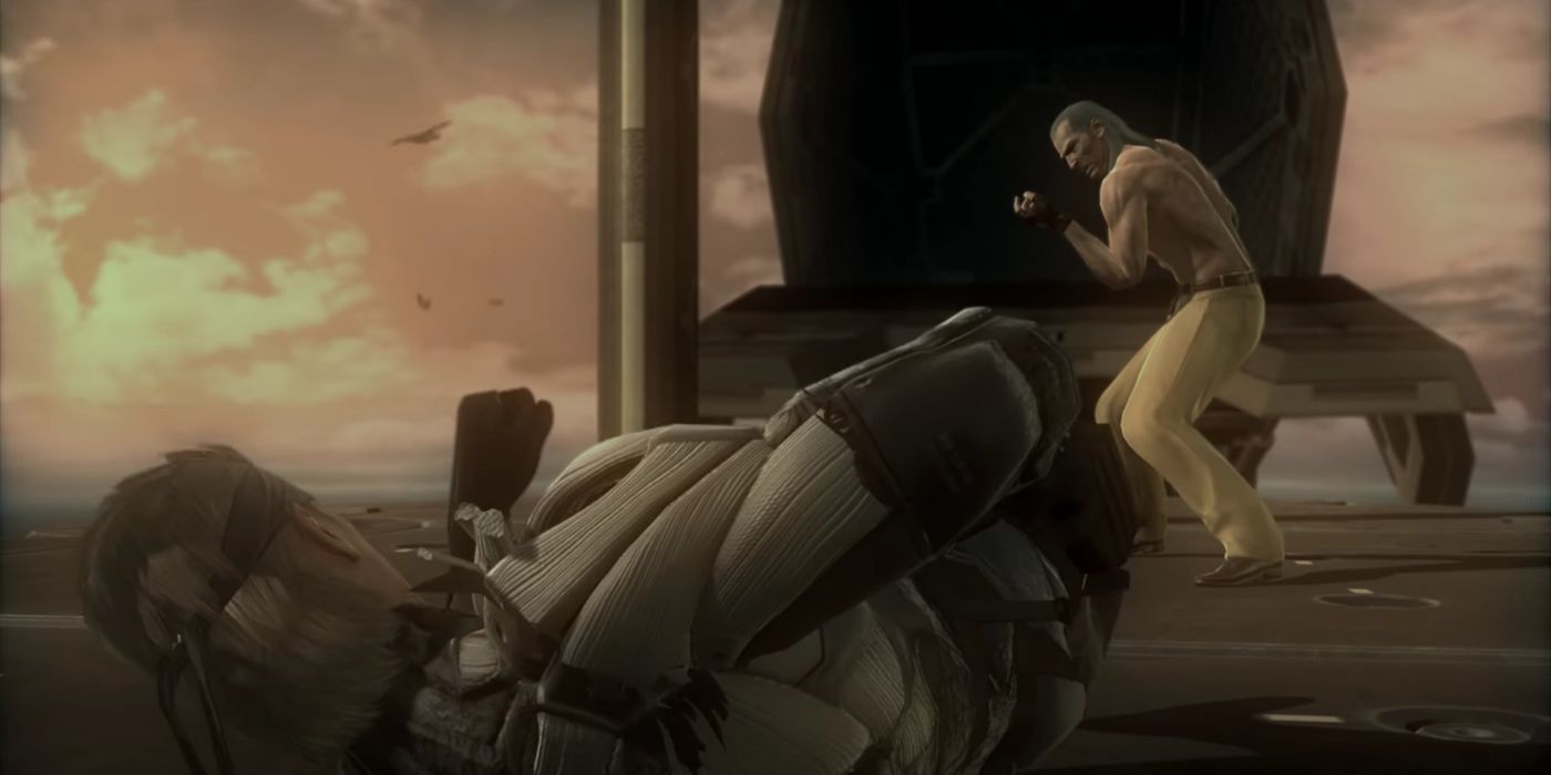 Solid Snake knocked to the ground during the Liquid Snake fight in Metal Gear Solid 4