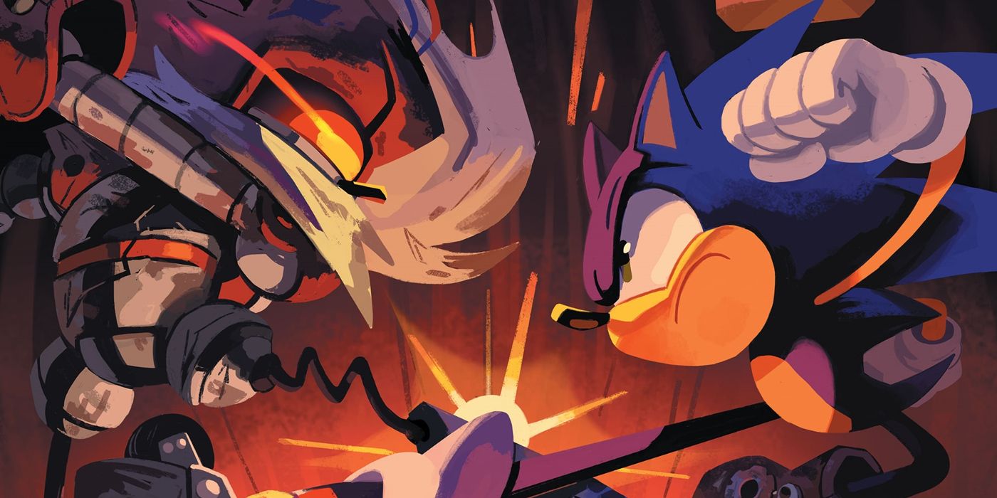 Sonic lutando contra Mecha Sonic na capa de Sonci the Hedgehog Scrapnik Island 4