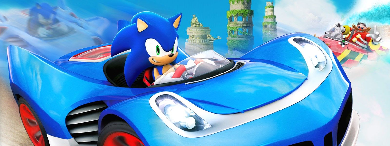 Sonic in a blue race car.