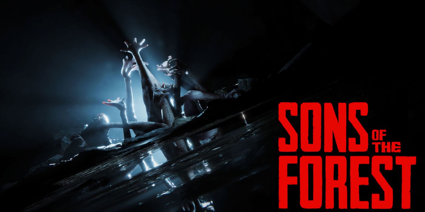 Sons of the Forest promo art featuring the logo and the island inhabitants reaching out from the ground.