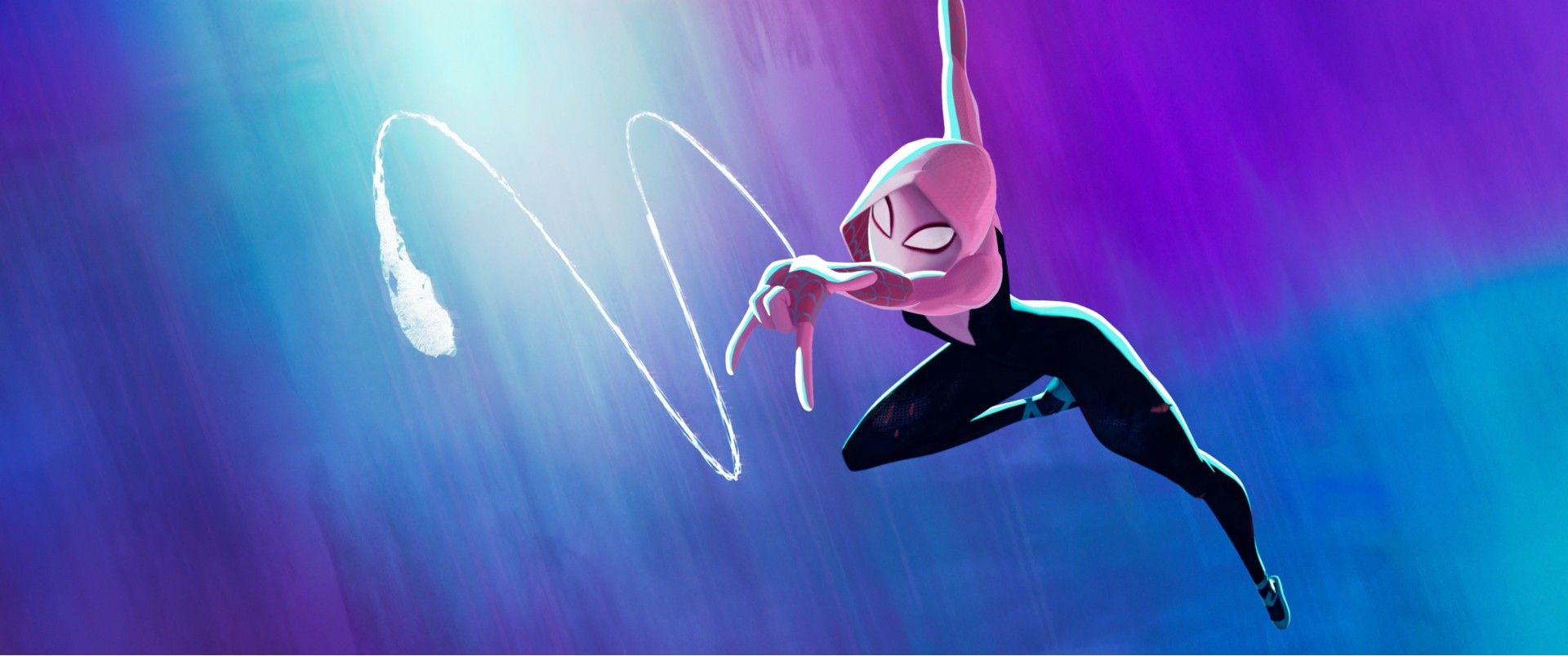 Spider-Gwen lançando uma teia em Spider-Man Across the Spider-Verse