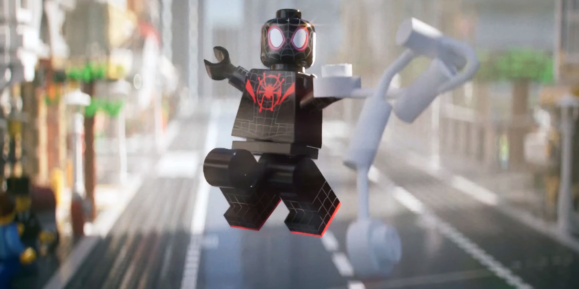 Spider-Man Across the Spider-Verse but in LEGO Miles Morales swings through the city