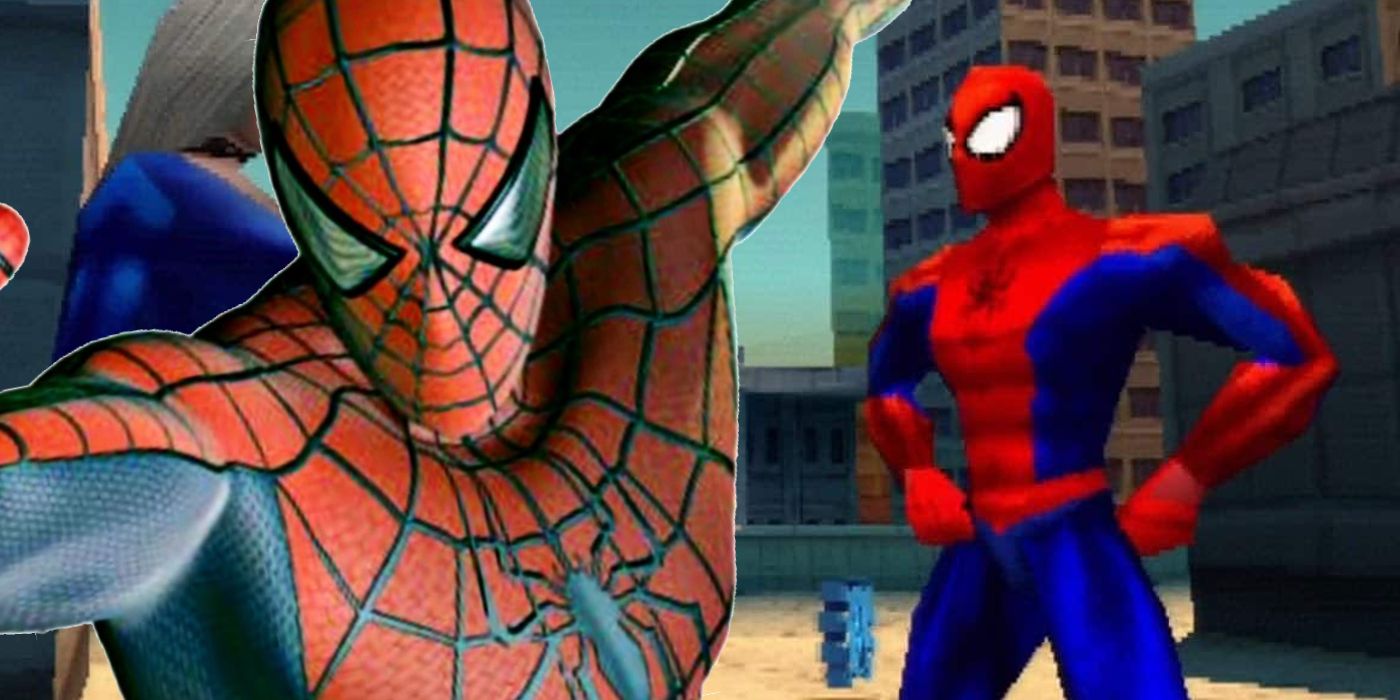 Render of Spider-Man from Spider-Man 2 (the game) pasted in front of a screenshot of NeverSoft's Spider-Man for the PS1 stood on a New York rooftop.