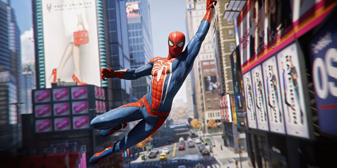 Promo gameplay still of Spider-Man swinging through New York in the game.