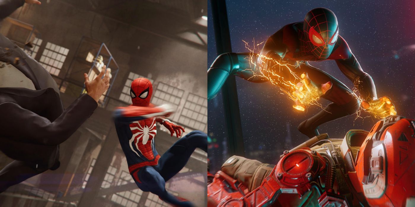 Split image of melee combat in Spider-Man and Spider-Man: Miles Morales.