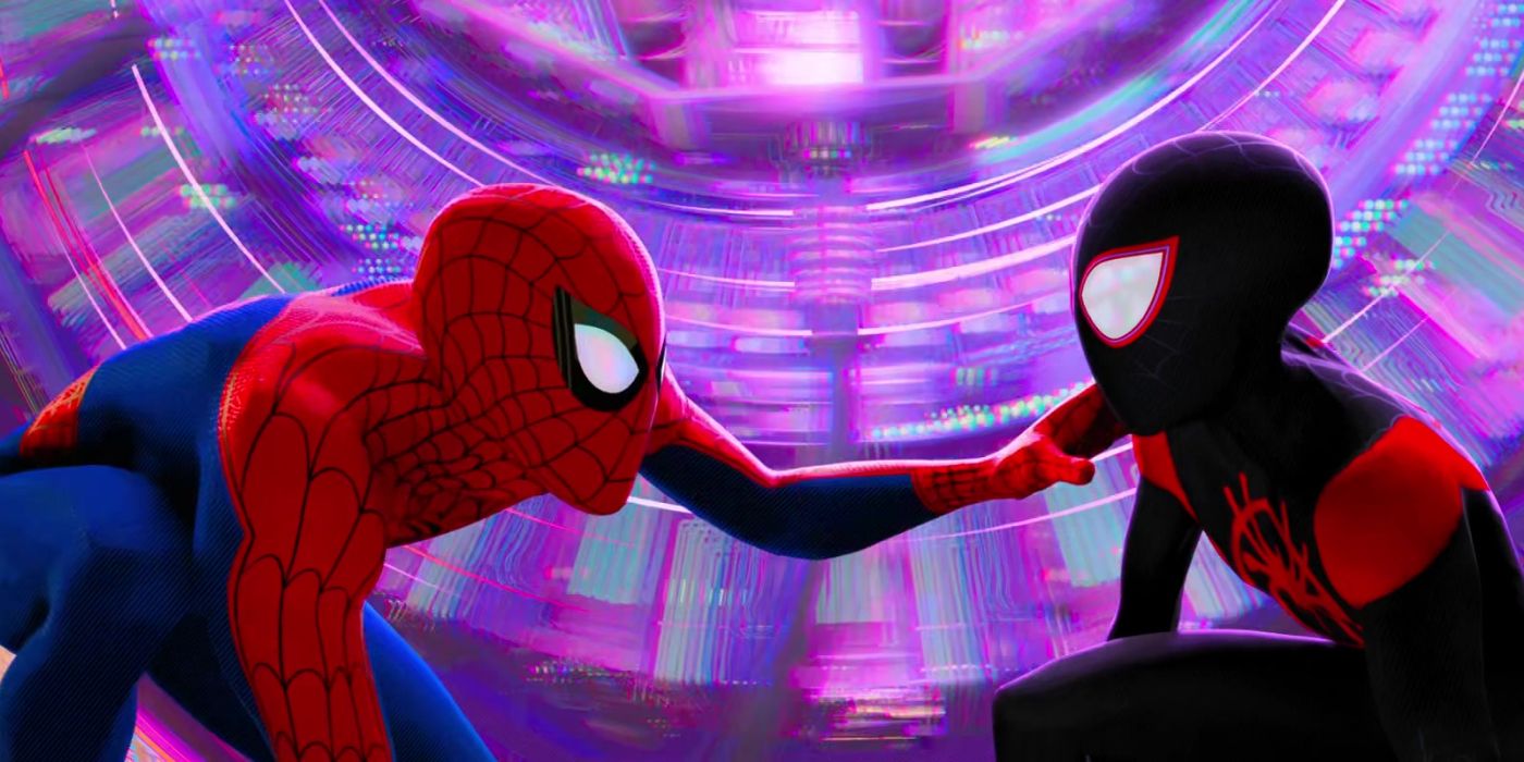 Spider-Man talking to Miles Morales in Spider-Verse.