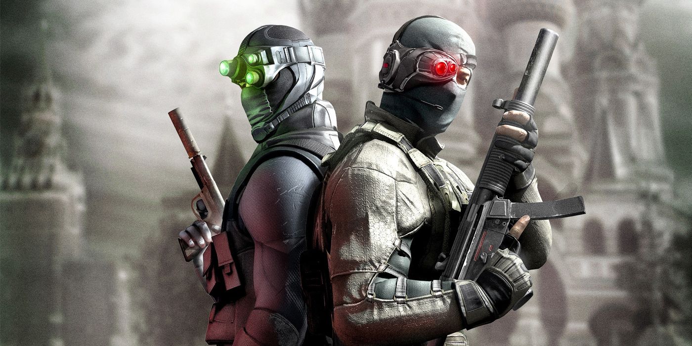 Third Echelon agent Archer and Voron agent Kestrel team up in art for Splinter Cell Conviction's co-op mode. Stood back to back, Archer is wearing green goggles and holding a silenced pistol, while Kestrel has red goggles and is wielding an MP5SD.