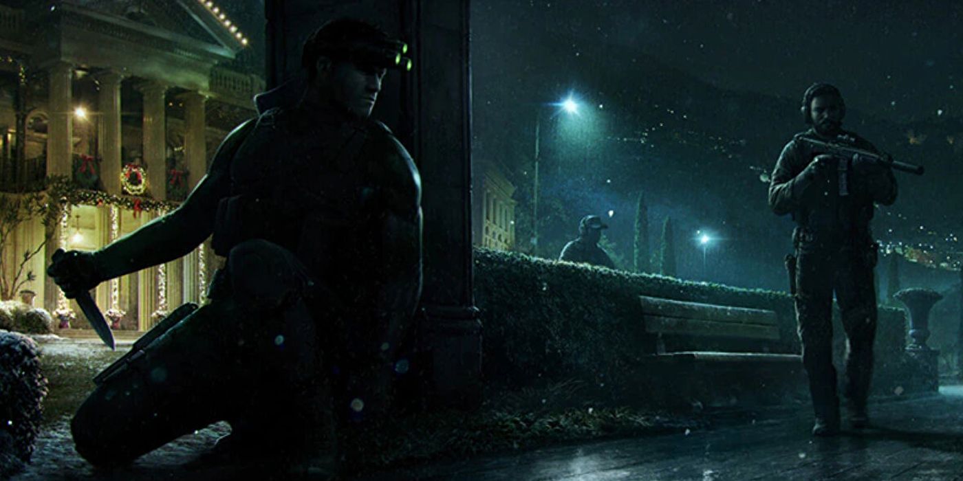 Concept art of Sam Fisher waiting in the shadows as an armed guard approaches in the Splinter Cell remake
