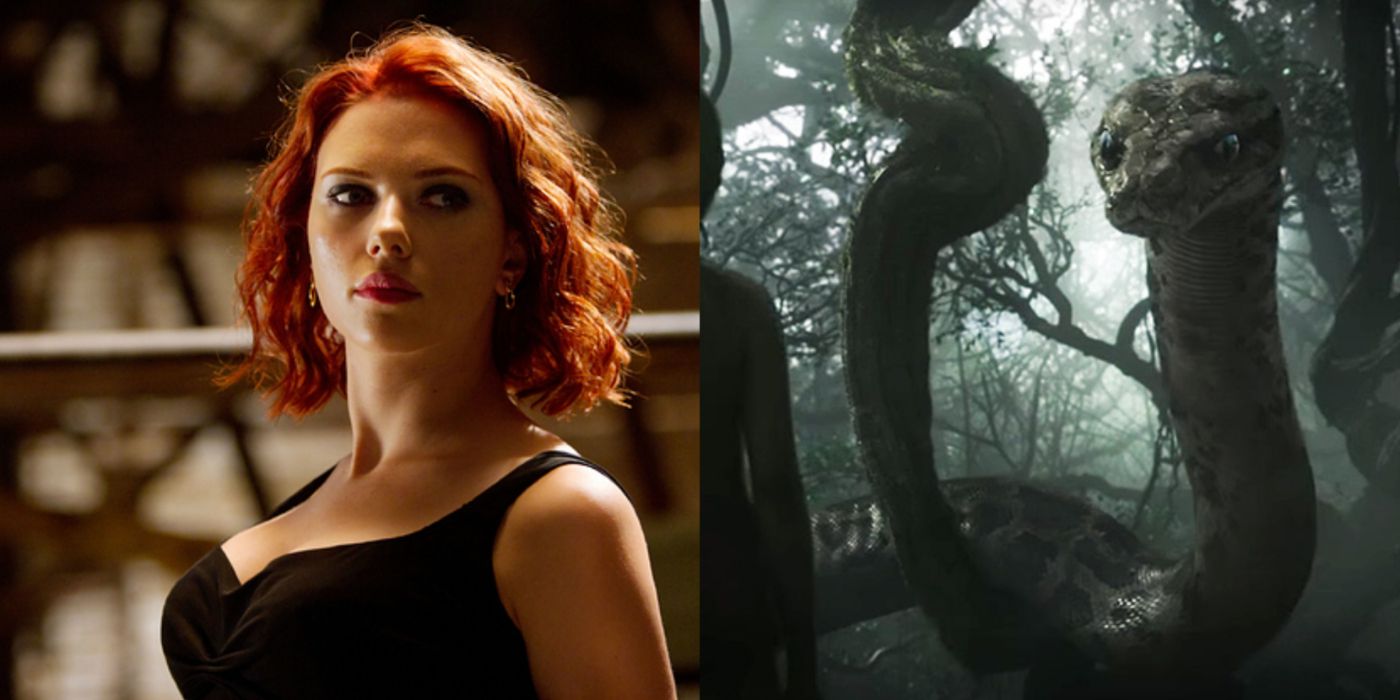 Split image of Black Widow in The Avengers and Kaa in The Jungle Book