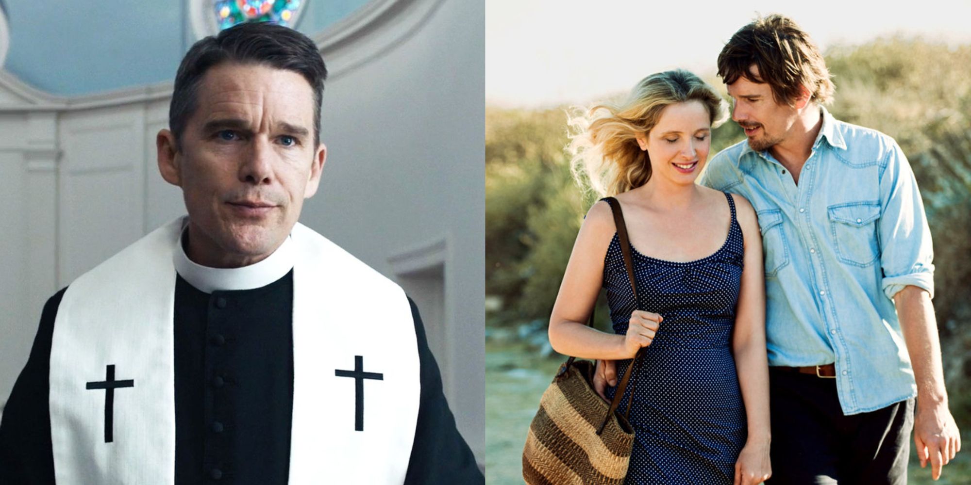 Split image of Ethan Hawke in First Reformed and Ethan Hawke and Julie Delpy in Before Midnight
