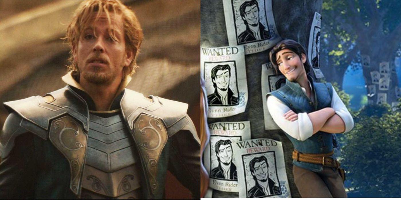 Imagem dividida de Fandral em Thor e Flynn em Enrolados