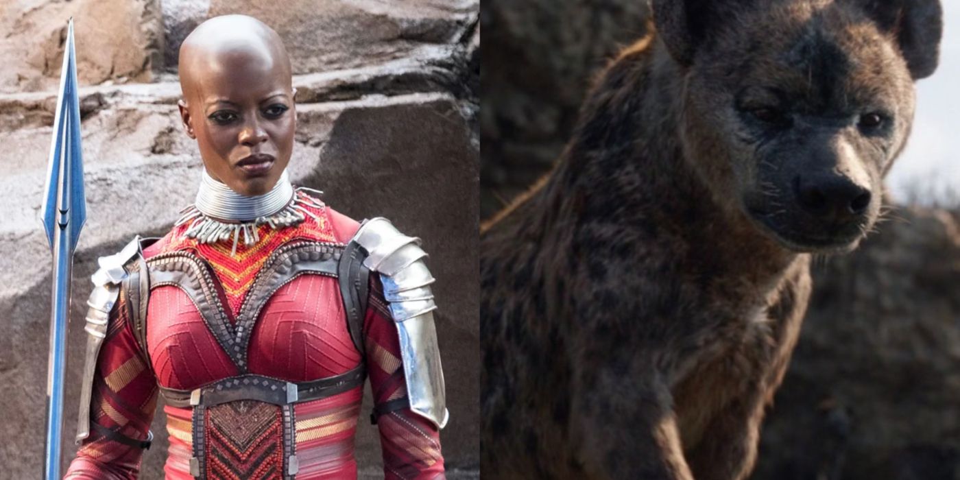 Split image of Florence Kasumba in Black Panther and Shenzi in The Lion King