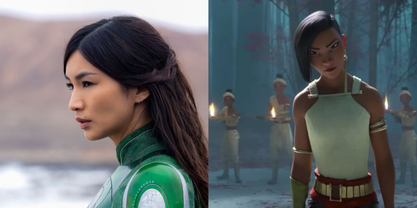 Split image of Gemma Chan in Eternals and Raya and the Last Dragon