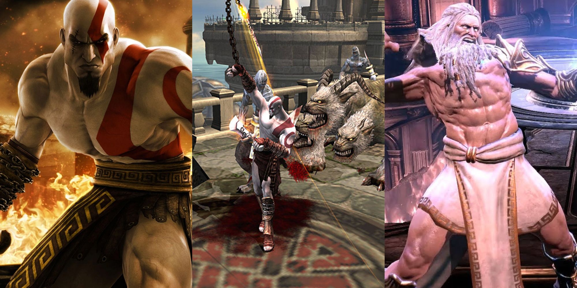 Split image of God of War trilogy including Zeus, Kratos and a monster feature