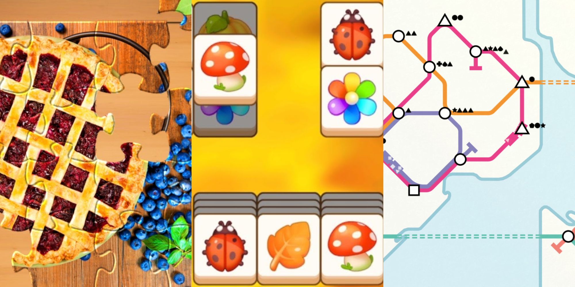 Split image of Jigsaw Puzzle, Zen Match and Mini Metro puzzle genre feature