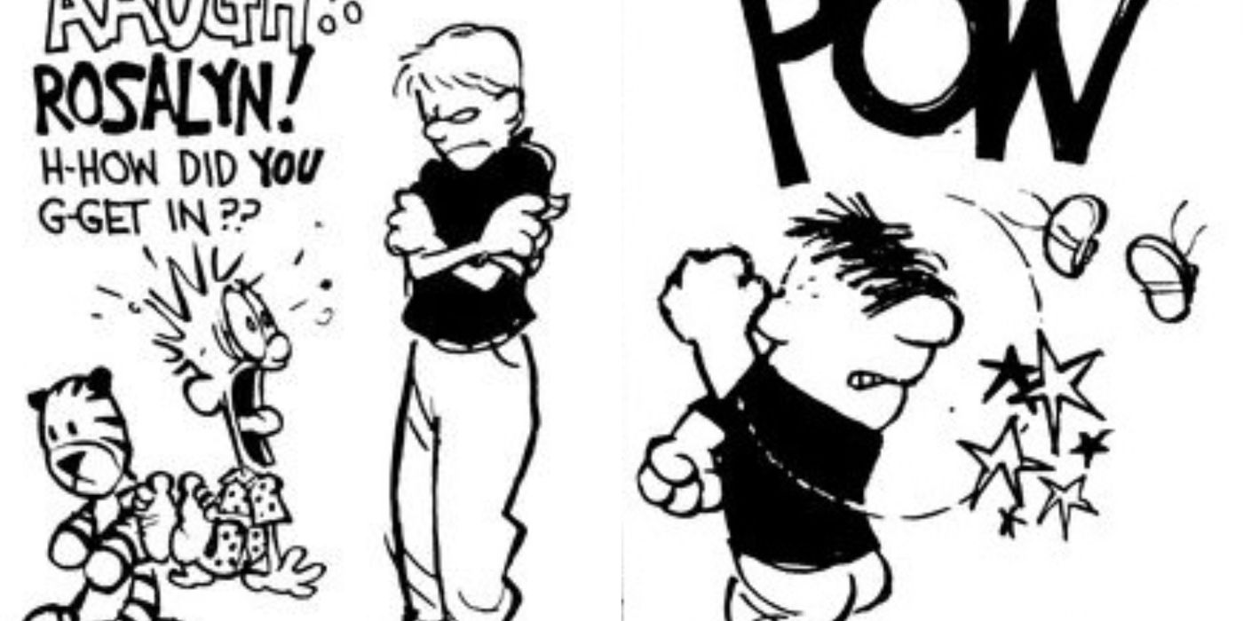Split image of Rosalyn and Moe from Calvin and Hobbes