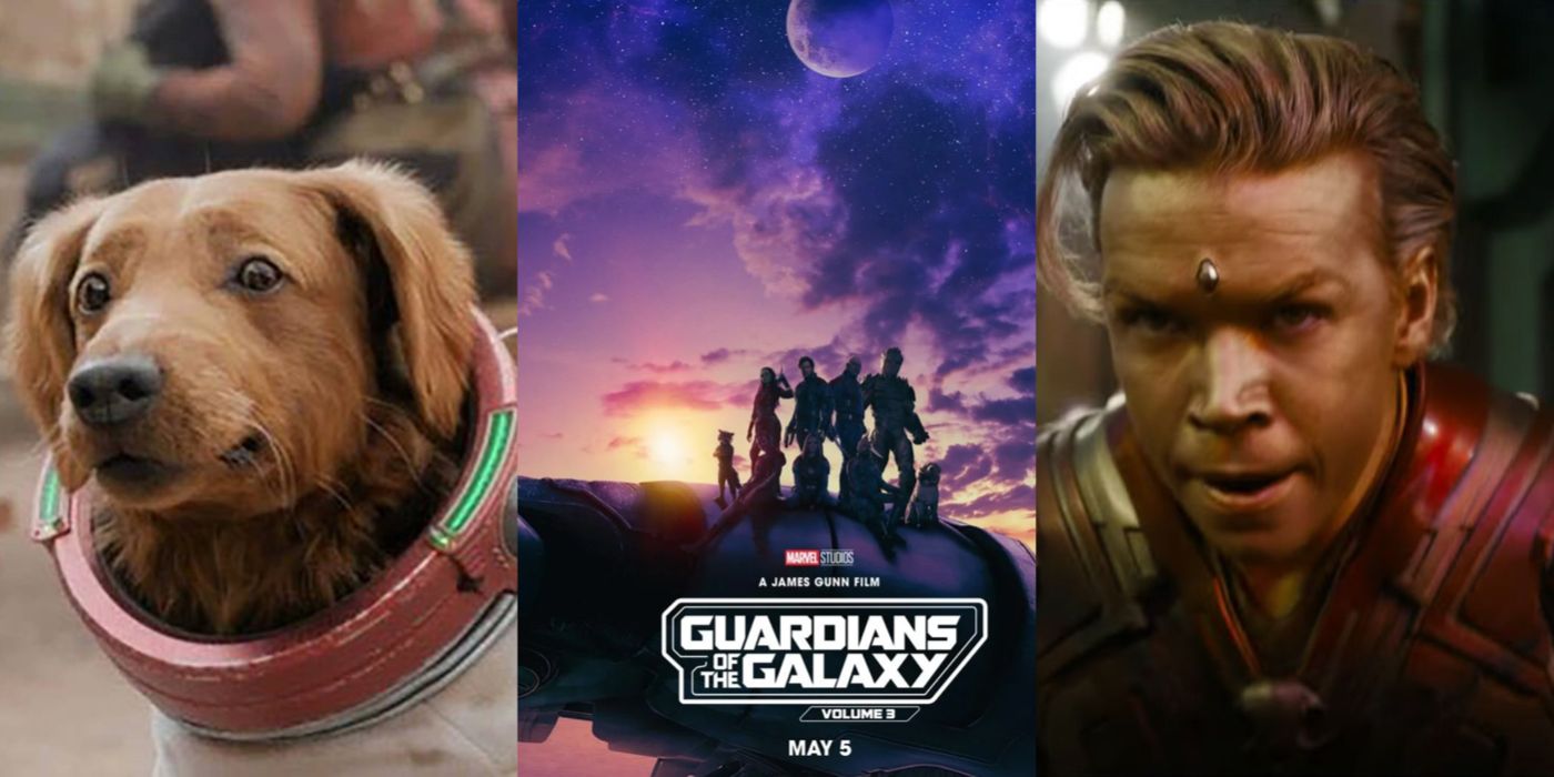 Split image showing Cosmo the space dog and Adam Warlock in the MCU, and the Guardians 3 movie poster