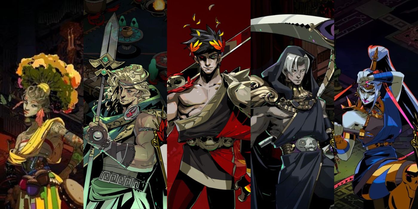 Split image showing Eurydice, Achilles, Zagreus, Thanatos, and Meg in Hades game