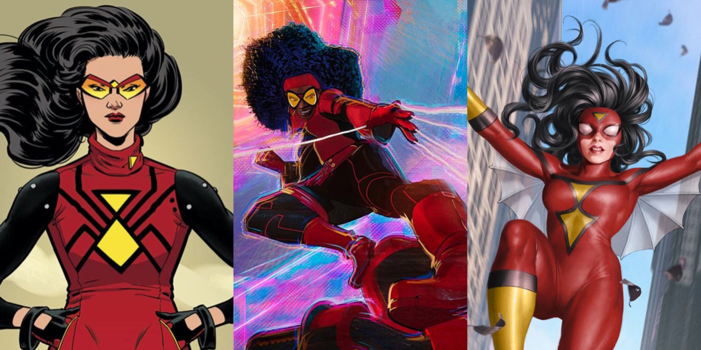 Split image showing Jessica Drew Spider Woman in Marvel Comics and in Spider-Verse 2 movie