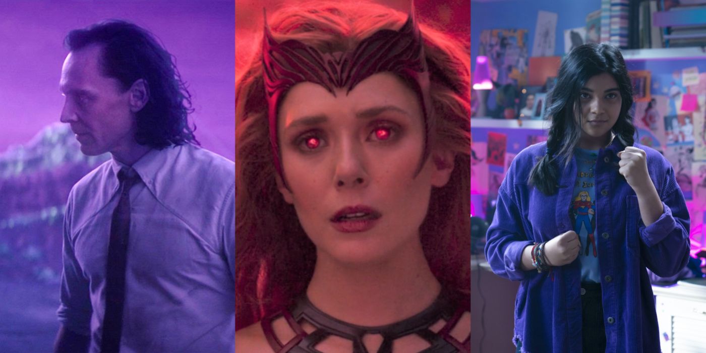 Split image showing Loki, Wanda Maximoff, and Kamala Khan in their respective Disney+ shows