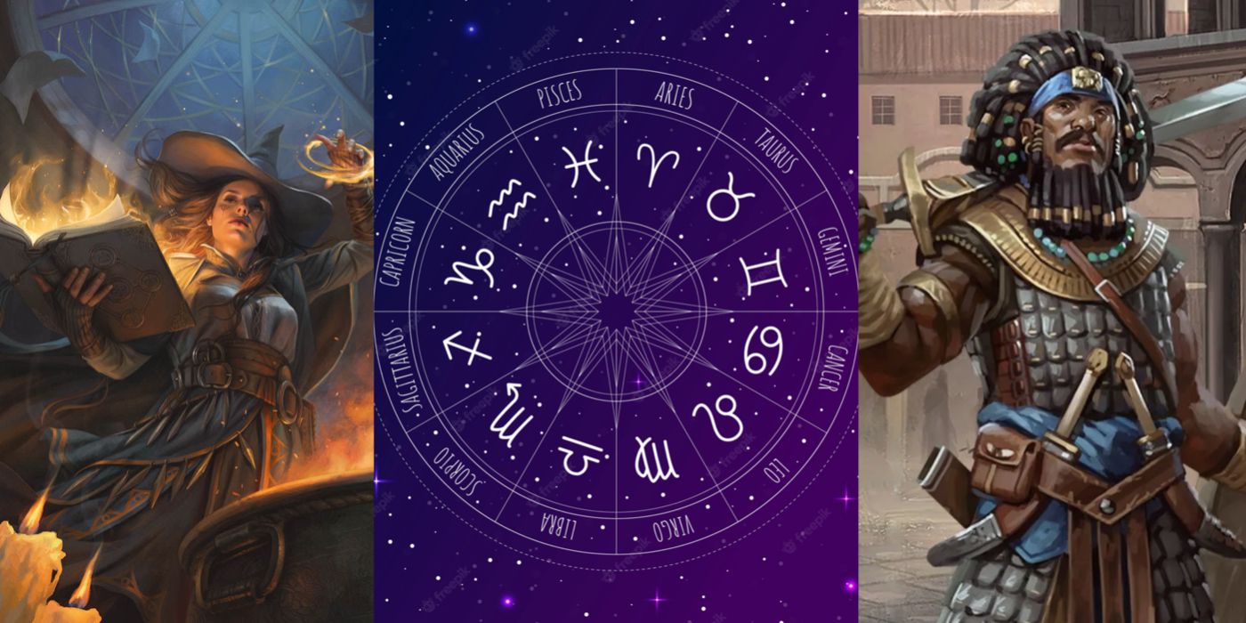 Split image showing Tasha and a human fighter from Dungeons and Dragons, and a zodiac wheel