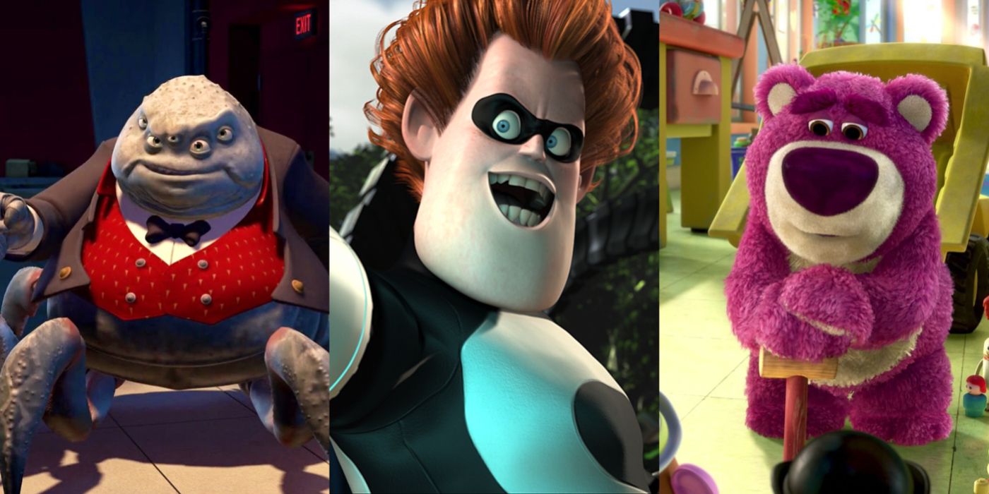 Split image showing villains from Pixar movies Monsters, Inc., The Incredibles, and Toy Story 3