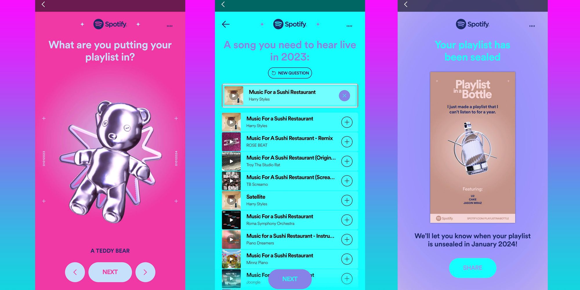 Páginas da Playlist In A Bottle do Spotify exibidas em três telas do tamanho de um smartphone