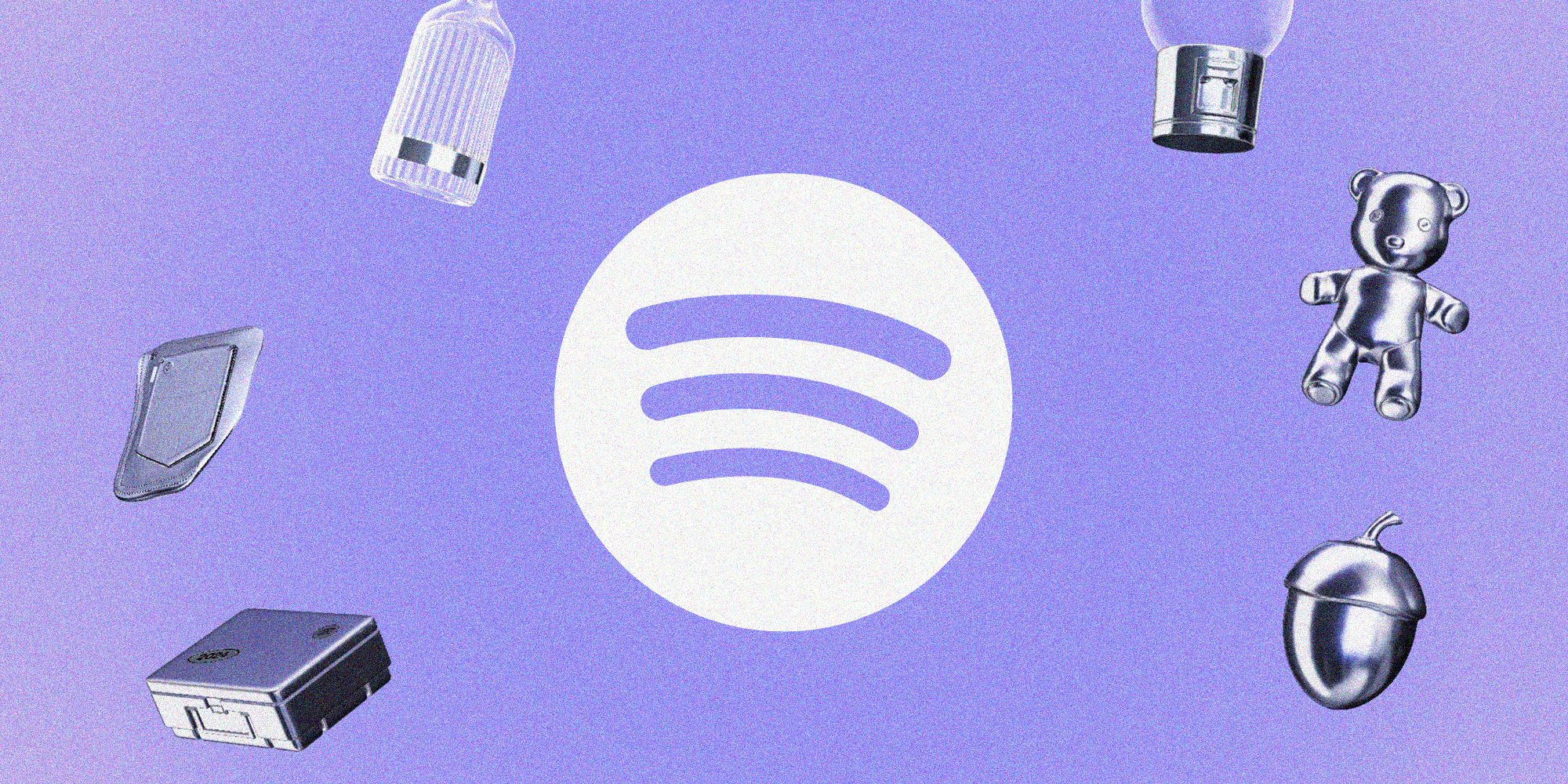 a graphic featuring the Spotify logo in white on a purple background, surrounded by metallic objects including a teddy bear, an acorn, and a lightbulb