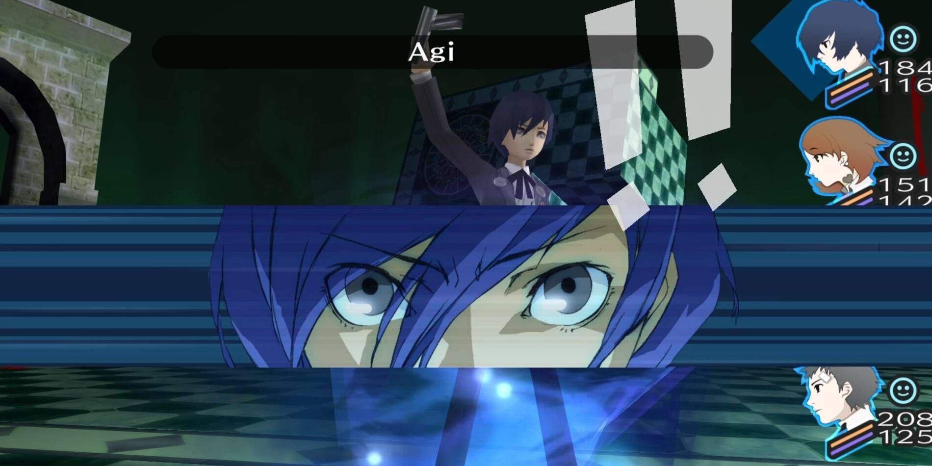 Protagonista masculino portátil de Persona 3 usando la habilidad de Persona Agi con otros miembros del grupo HP y SP mostrados