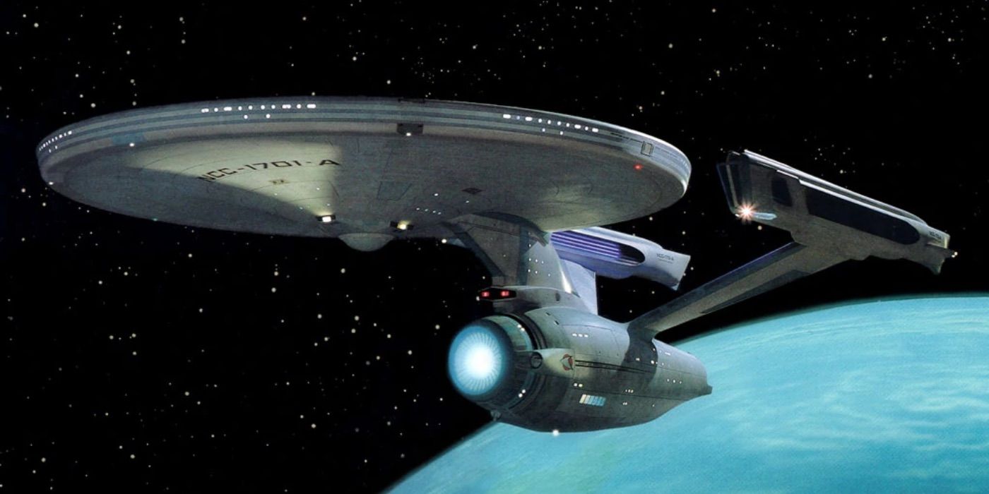 The Enterprise-A flies over a planet from Star Trek