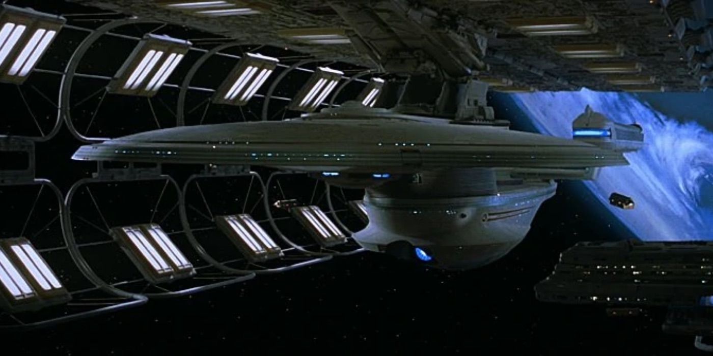 The Enterprise-B sits in space dock from Star Trek Generations 