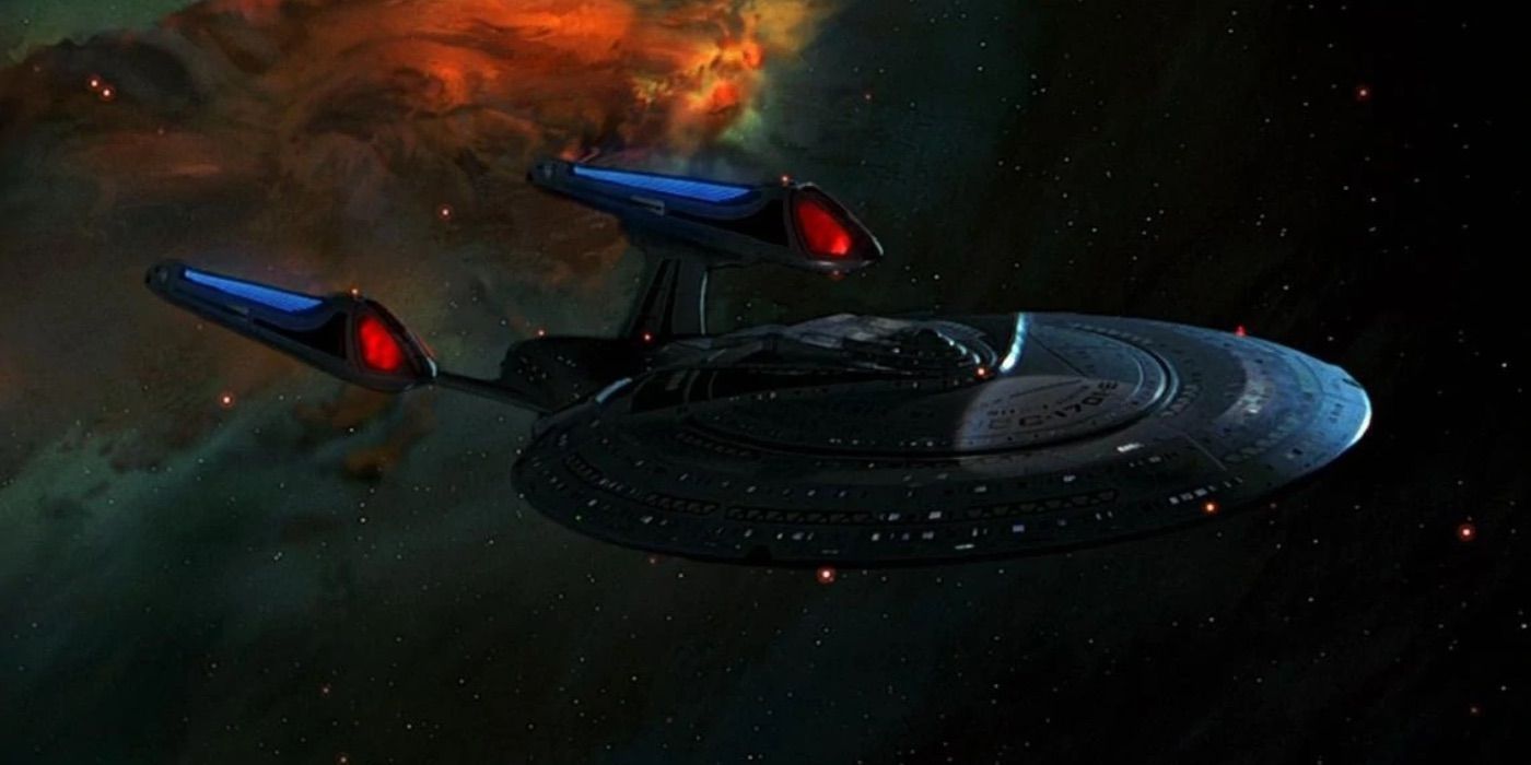 The Enterprise-E soars out of a nebula from Star Trek First Contact 