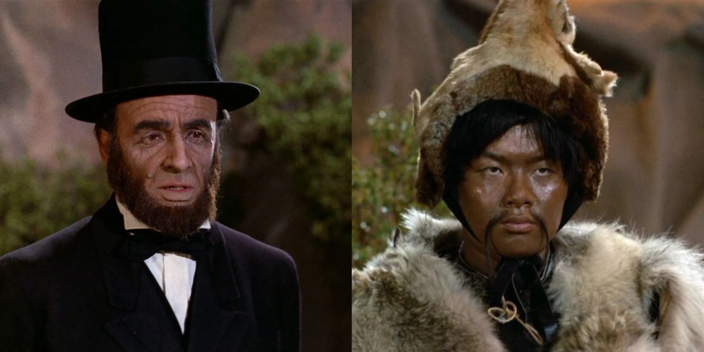 A split image of Abraham Lincoln and Genghis Khan from Star Trek