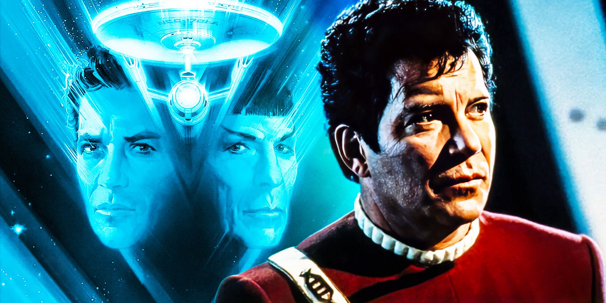 William Shatner sad as Captain Kirk in front of Star Trek V poster