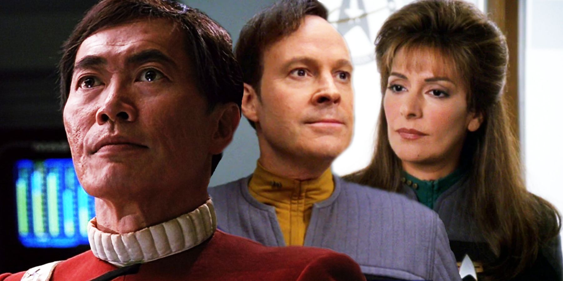 George Takei as Sulu, Dwight Schultz as Reg Barclay and Marina Sirtis as Troi in Star Trek: Voyager