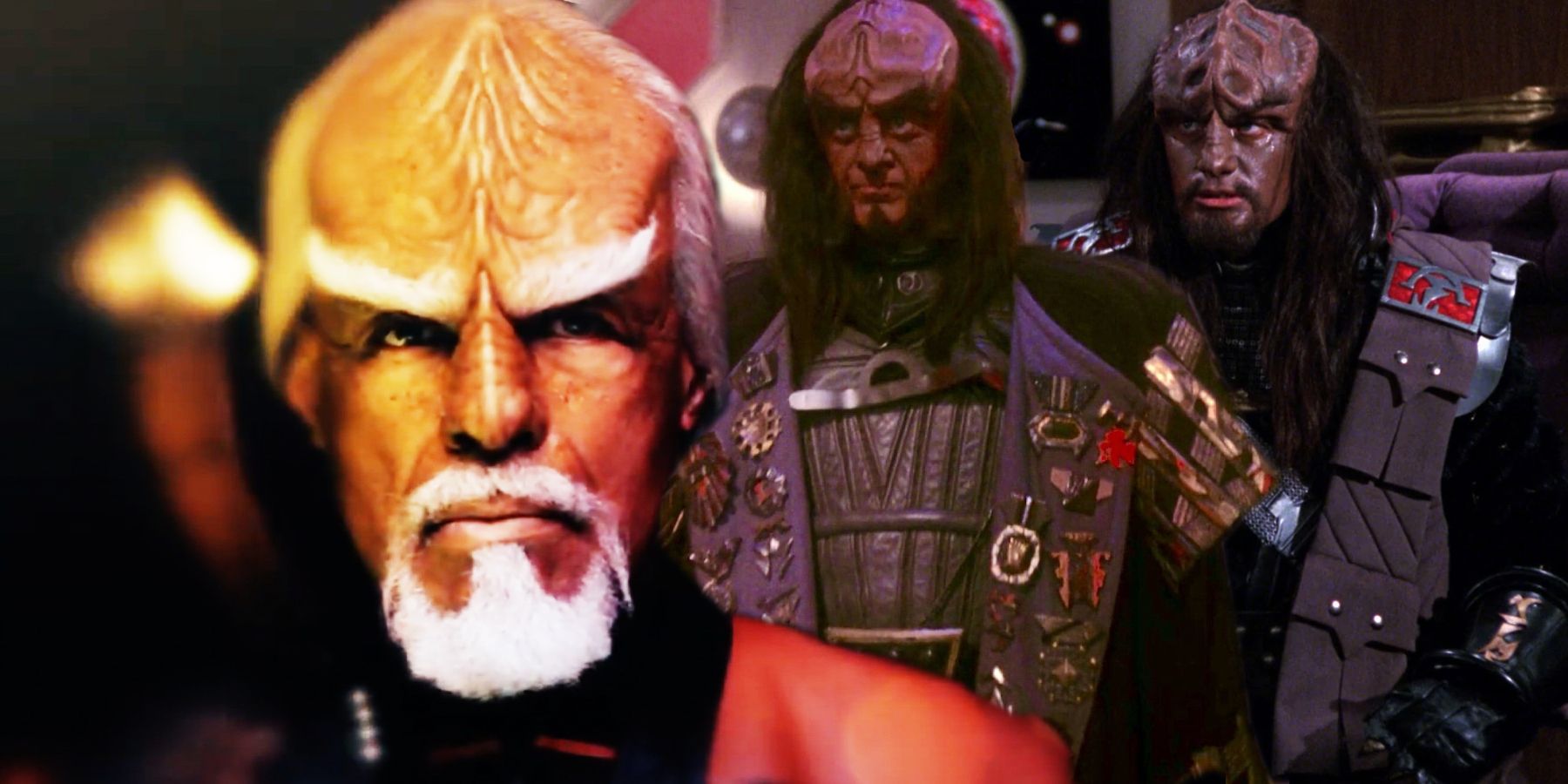 Michal Dorn as Worf, alongside Gowron and Duras from TNG