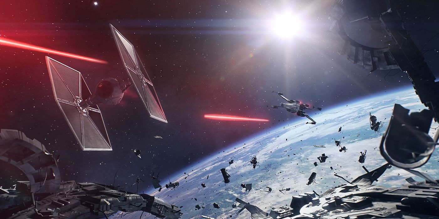 An X-Wing and TIE Fighter fight in space in Star Wars Battlefront 2.