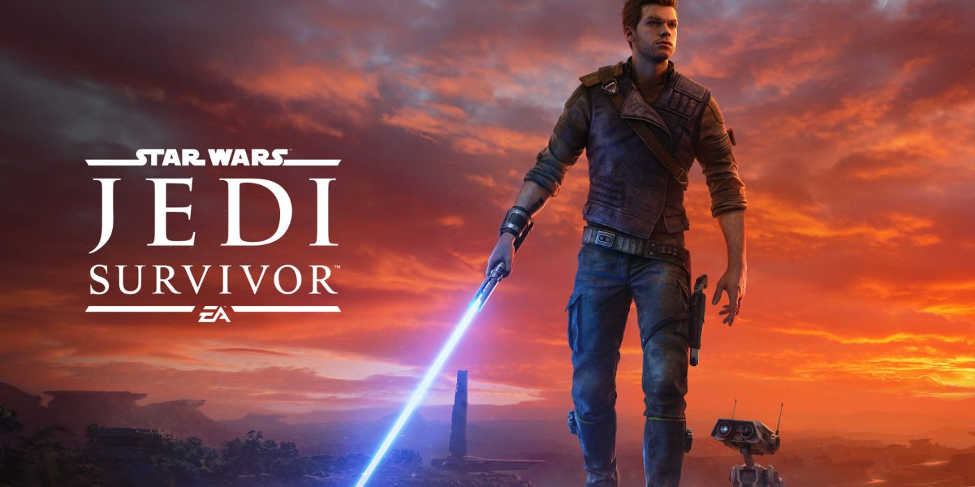Star Wars Jedi: Survivor promo art featuring Cal wielding his lightsaber alongside BD-1.