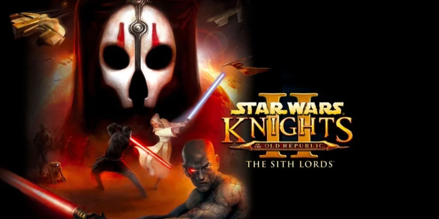Arte promocional de Star Wars: Caballeros de la Antigua República II con un collage de Jedi y Sith.