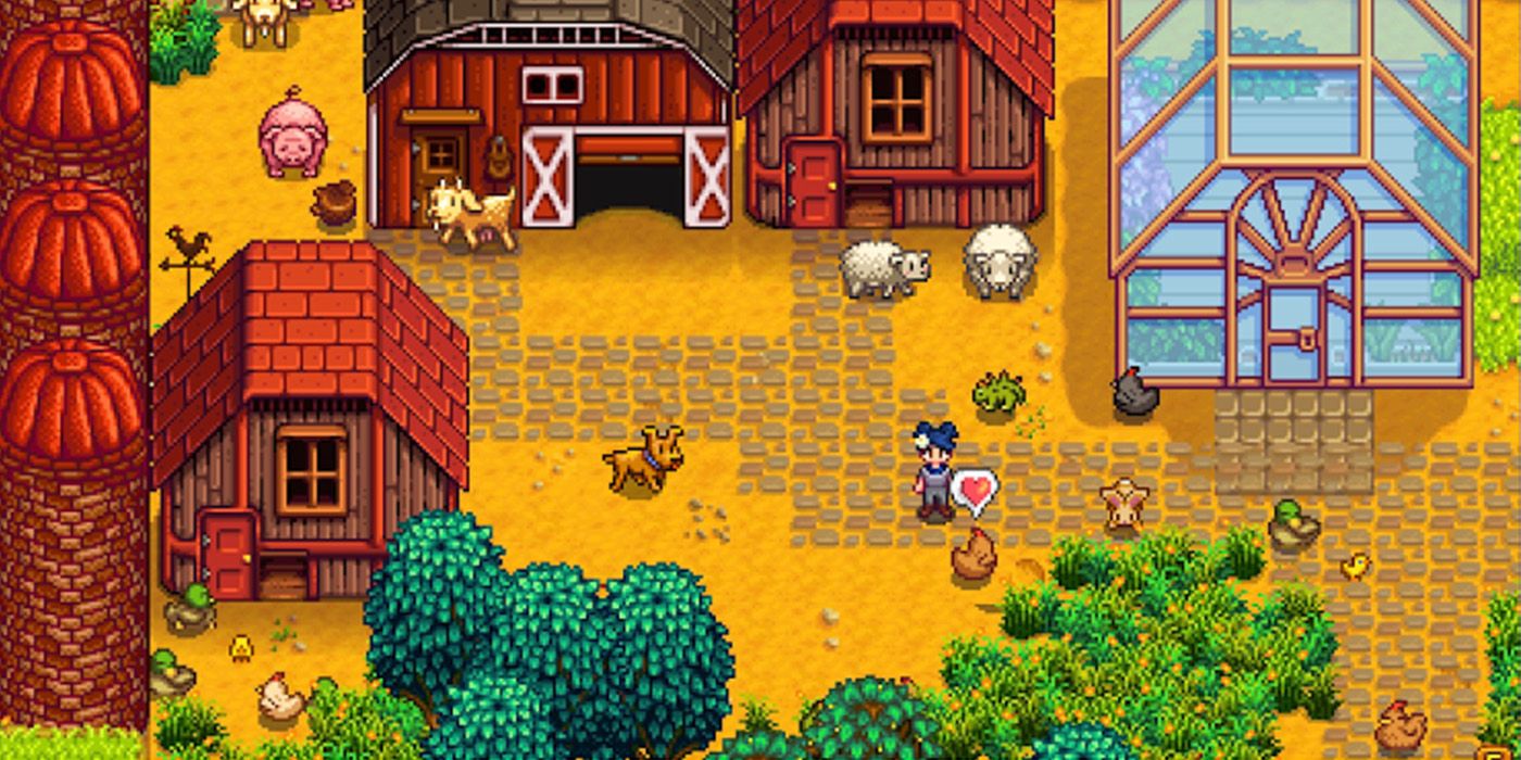 Uma imagem de um jogador tentando pegar uma galinha em uma fazenda no jogo Stardew Valley. 
