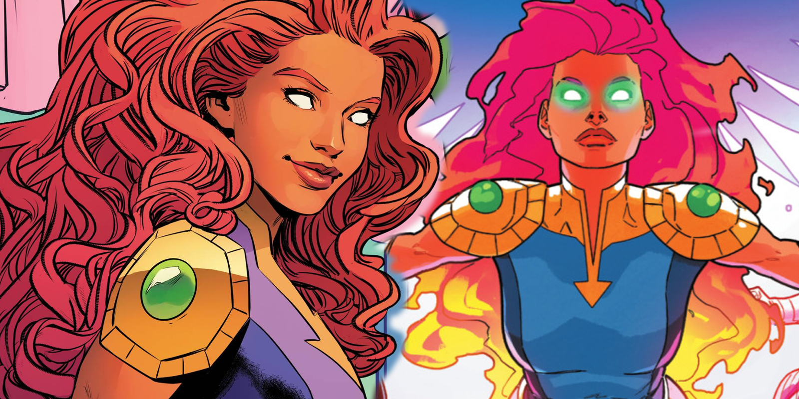 Starfire from two angles with big curly hair