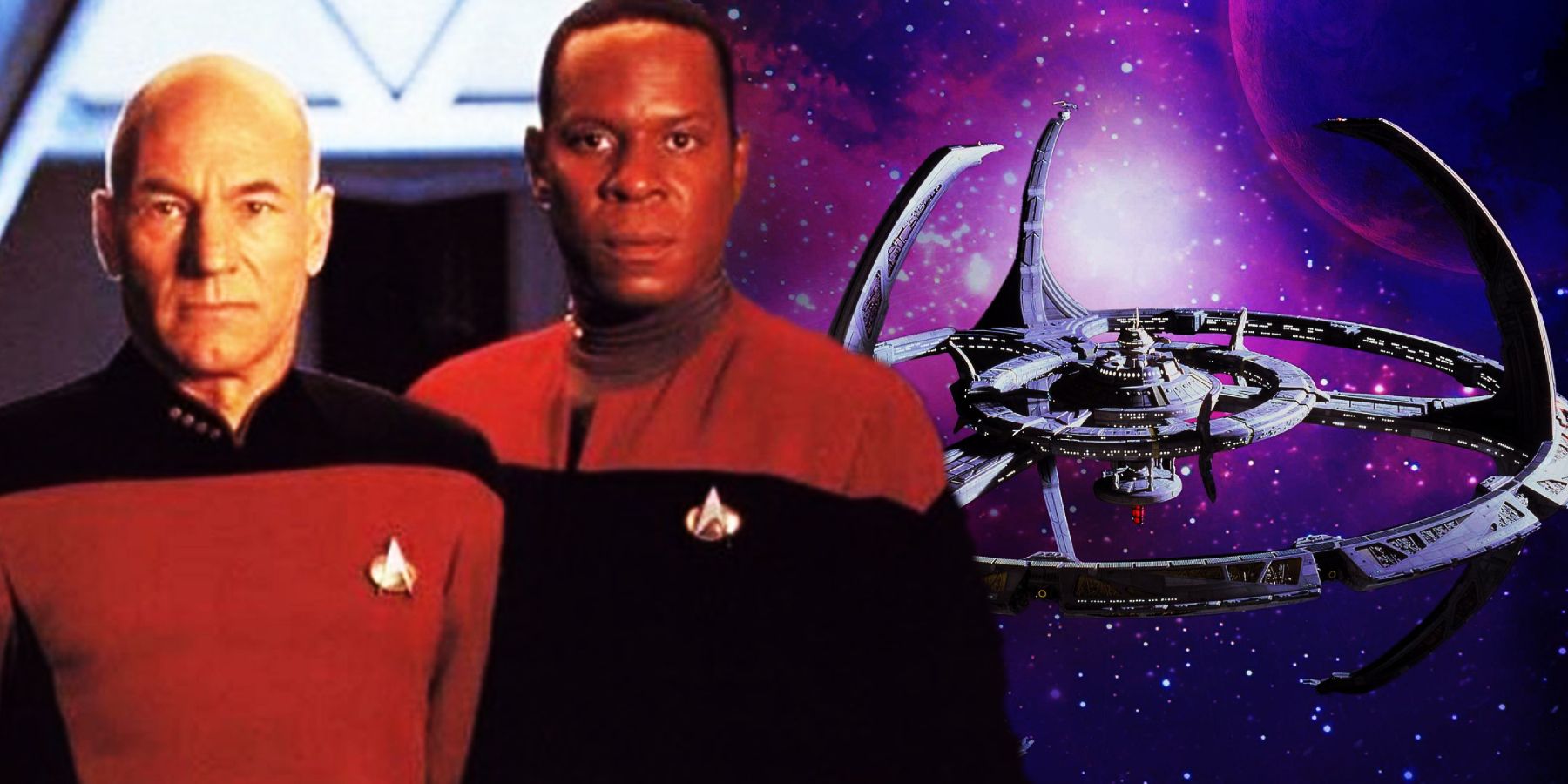 Patrick Stewart como Capitão Picard, Avery Brooks como Benjamin Sisko e DS9